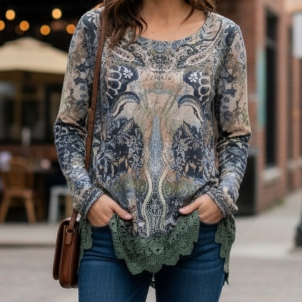 ONE WORLD Women's Size Medium Multicolor Patterned Tunic with Green Lace Hem - Picture 12 of 12